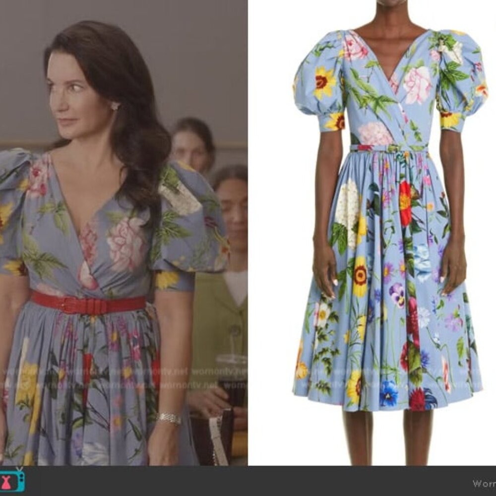 Oscar de la Renta Floral Puff Sleeve Stretch Cotton Dress